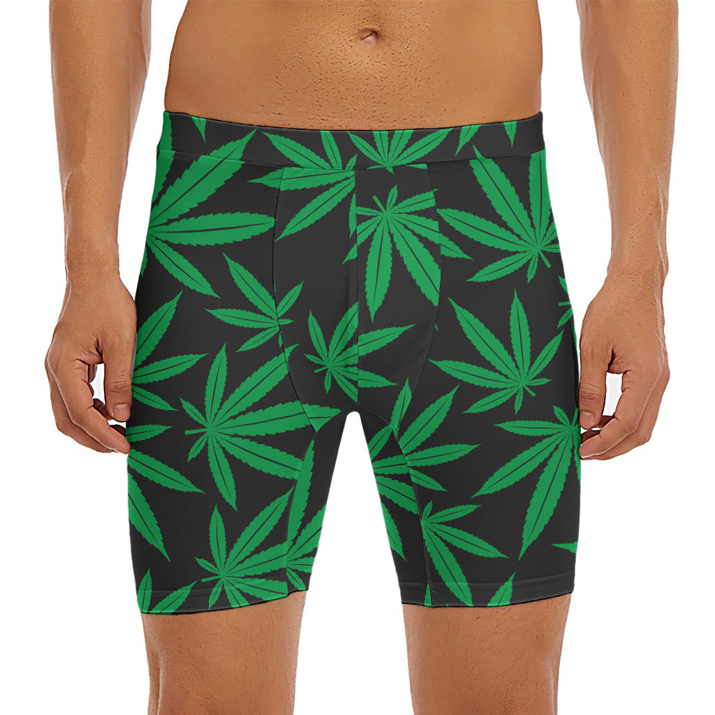 Green And Black Cannabis Leaf Print Men's Long Boxer Briefs