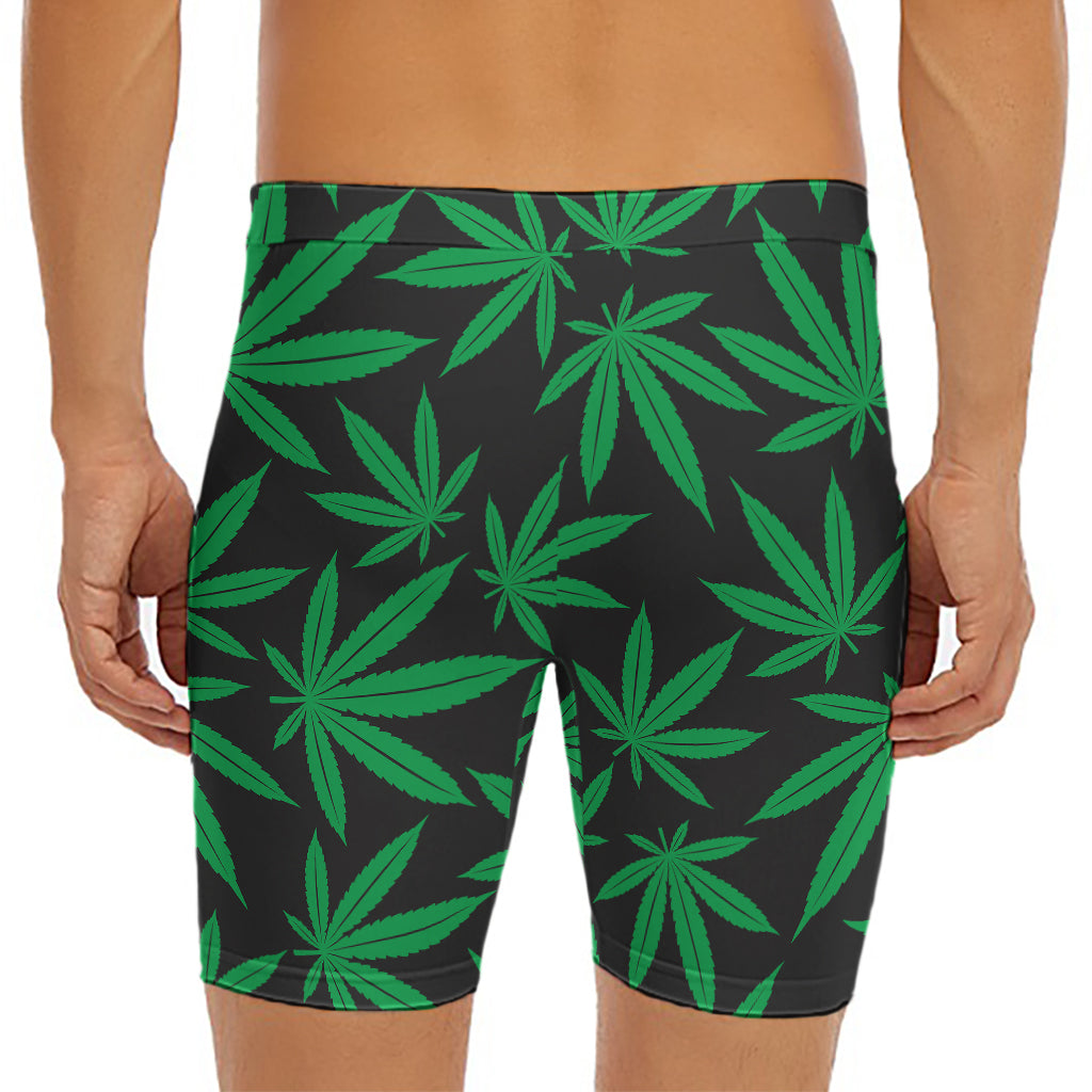Green And Black Cannabis Leaf Print Men's Long Boxer Briefs