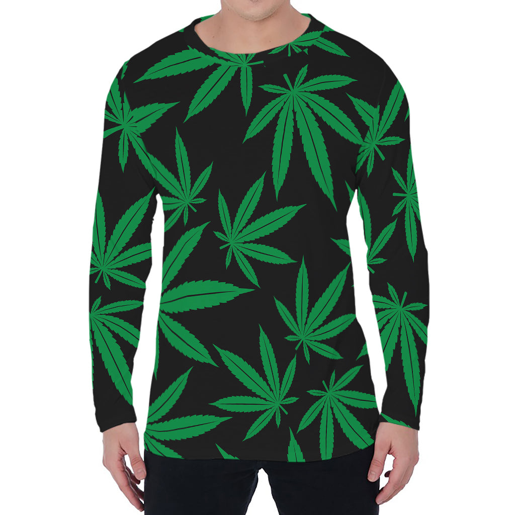 Green And Black Cannabis Leaf Print Men's Long Sleeve T-Shirt