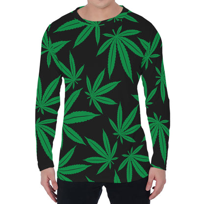 Green And Black Cannabis Leaf Print Men's Long Sleeve T-Shirt