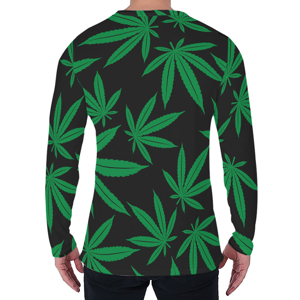 Green And Black Cannabis Leaf Print Men's Long Sleeve T-Shirt
