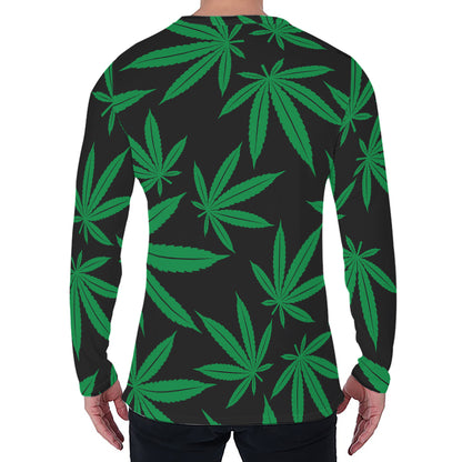 Green And Black Cannabis Leaf Print Men's Long Sleeve T-Shirt