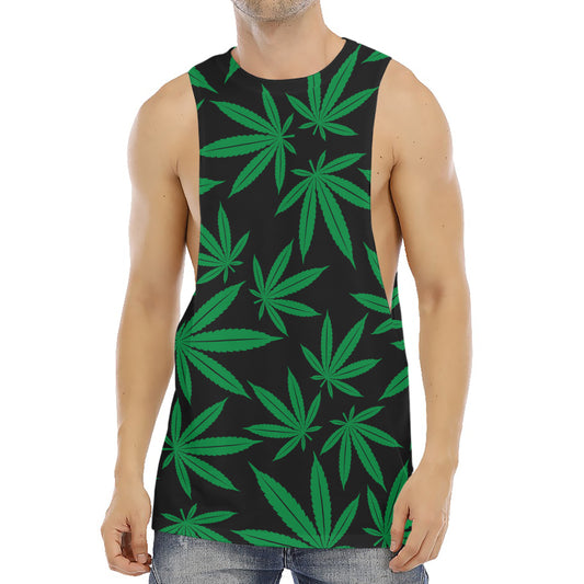 Green And Black Cannabis Leaf Print Men's Muscle Tank Top