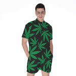 Green And Black Cannabis Leaf Print Men's Rompers