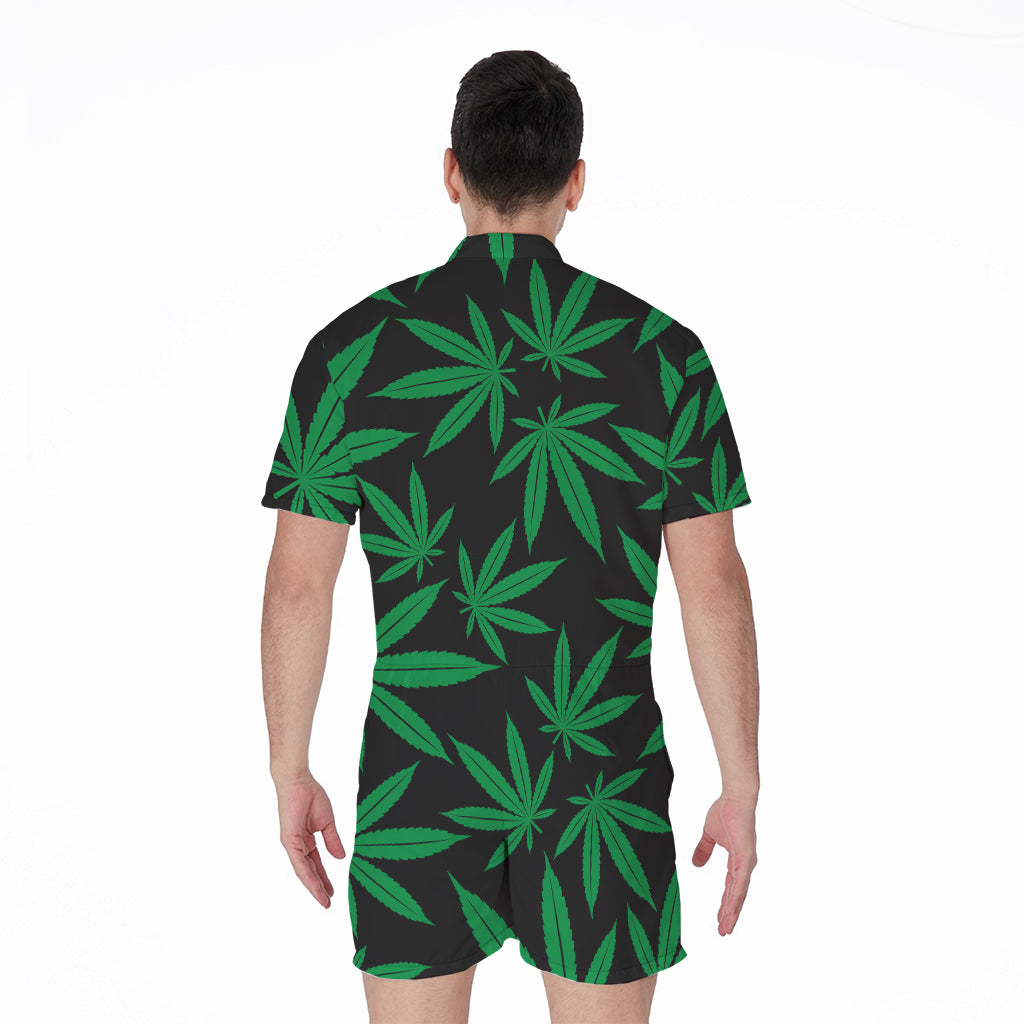 Green And Black Cannabis Leaf Print Men's Rompers