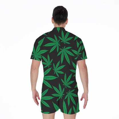 Green And Black Cannabis Leaf Print Men's Rompers