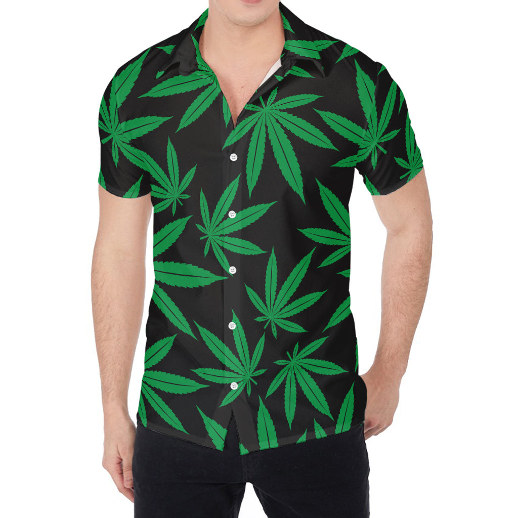 Green And Black Cannabis Leaf Print Men's Shirt