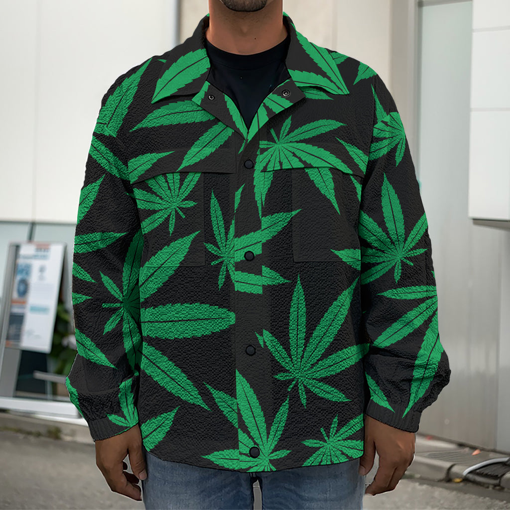 Green And Black Cannabis Leaf Print Men's Shirt Jacket