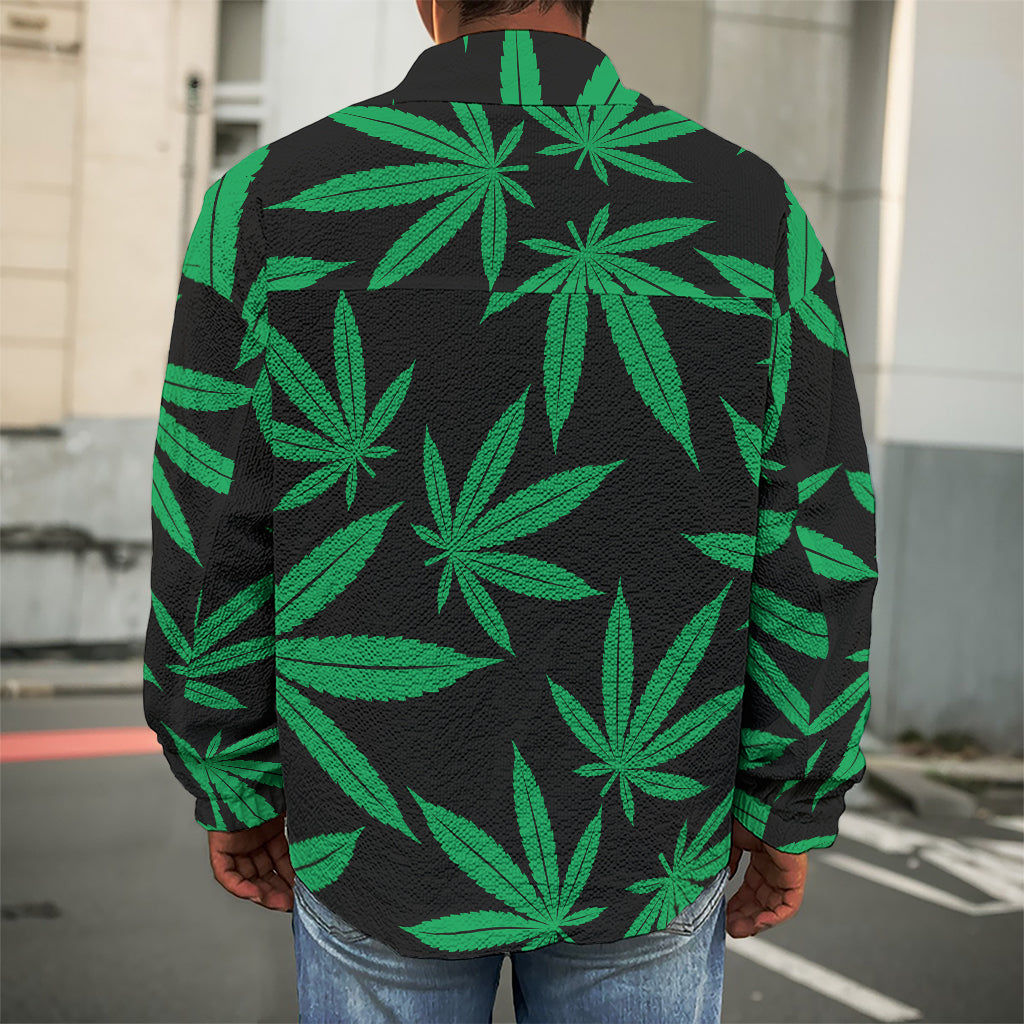 Green And Black Cannabis Leaf Print Men's Shirt Jacket