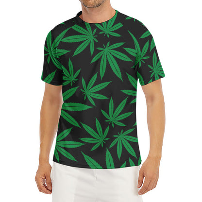 Green And Black Cannabis Leaf Print Men's Short Sleeve Rash Guard