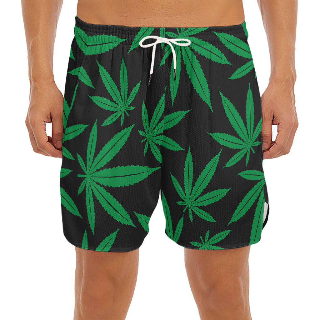 Green And Black Cannabis Leaf Print Men's Split Running Shorts