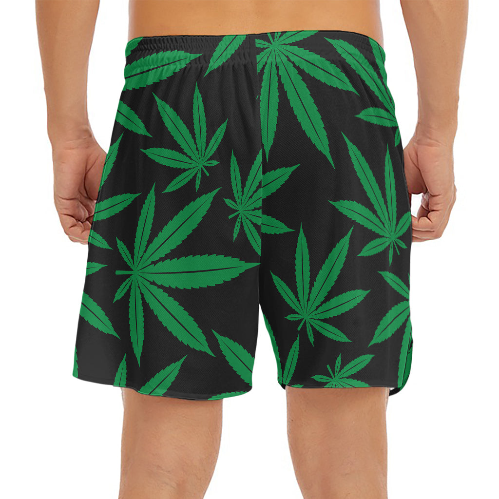 Green And Black Cannabis Leaf Print Men's Split Running Shorts