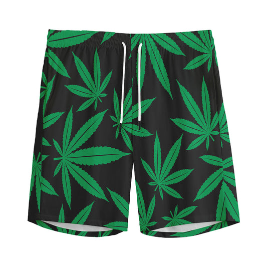 Green And Black Cannabis Leaf Print Men's Sports Shorts