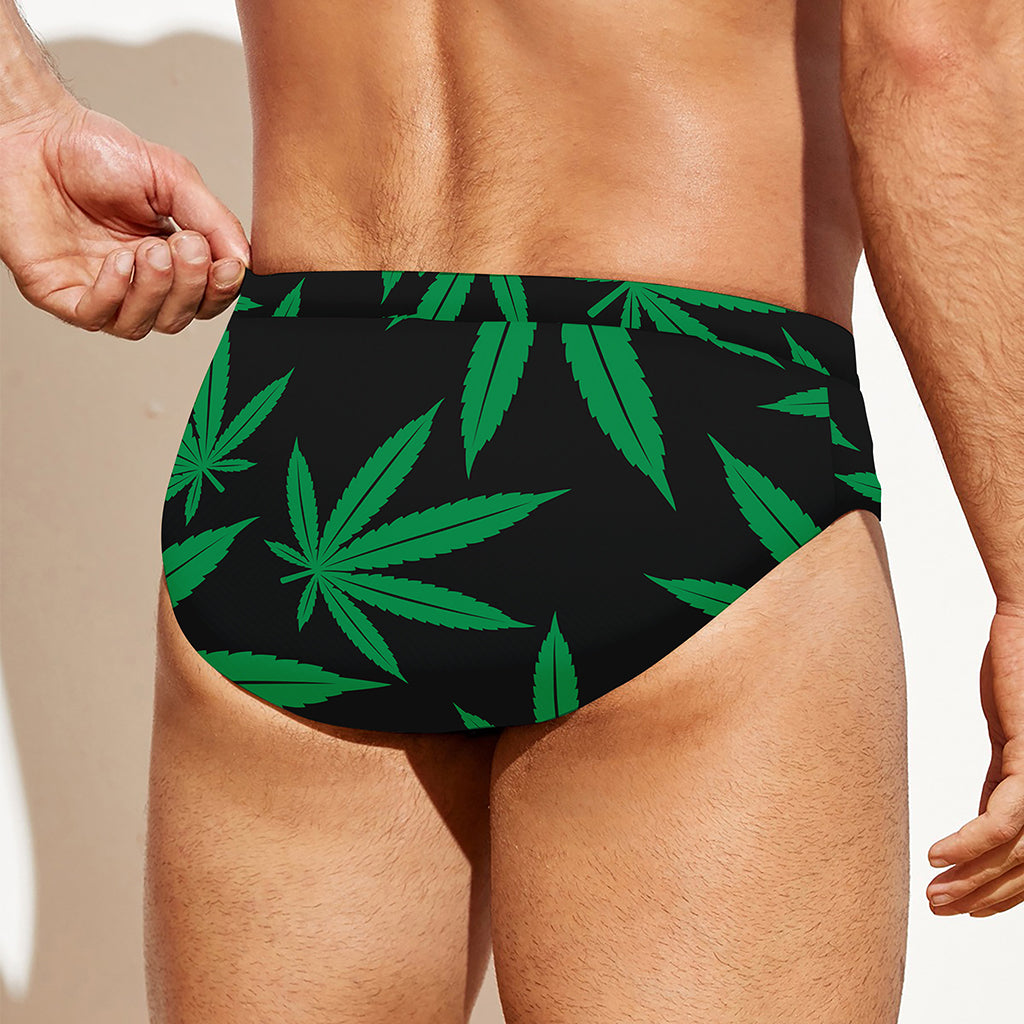 Green And Black Cannabis Leaf Print Men's Swim Briefs