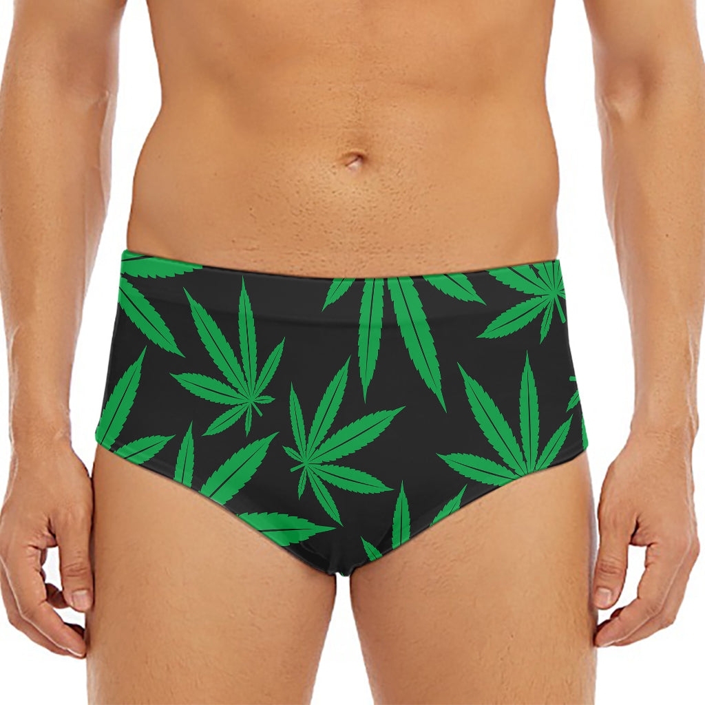 Green And Black Cannabis Leaf Print Men's Triangle Swim Briefs