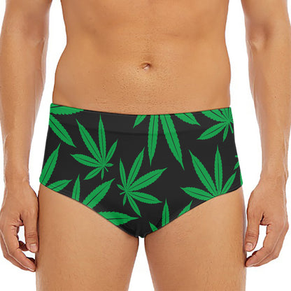 Green And Black Cannabis Leaf Print Men's Triangle Swim Briefs
