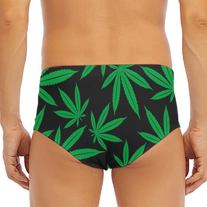 Green And Black Cannabis Leaf Print Men's Triangle Swim Briefs