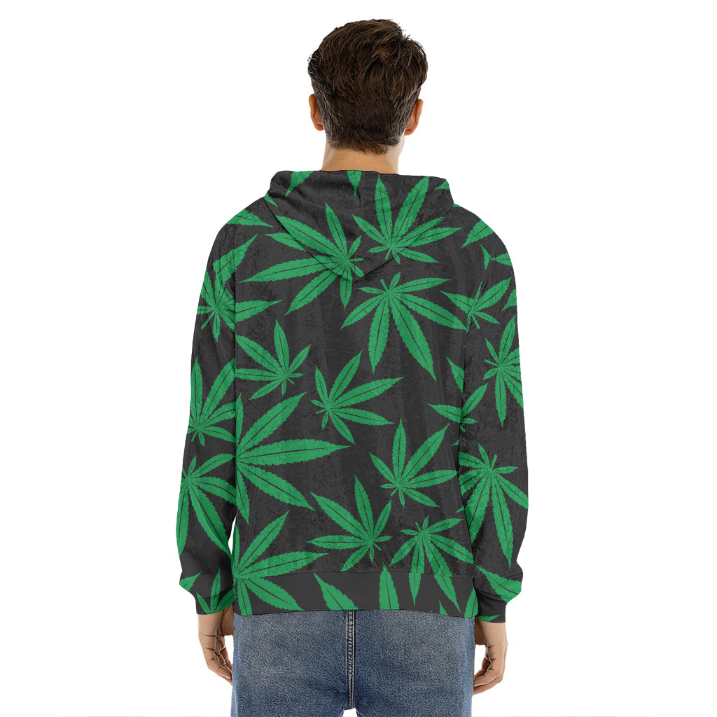 Green And Black Cannabis Leaf Print Men's Velvet Pullover Hoodie