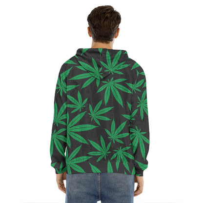 Green And Black Cannabis Leaf Print Men's Velvet Pullover Hoodie