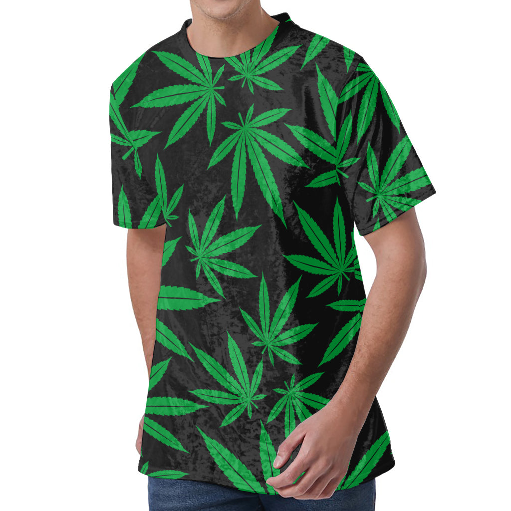 Green And Black Cannabis Leaf Print Men's Velvet T-Shirt