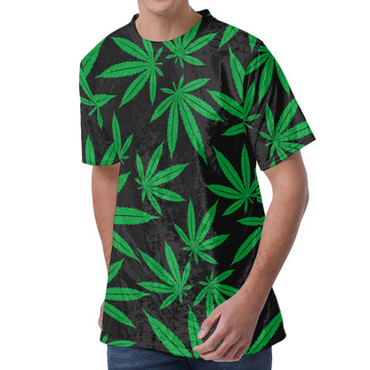 Green And Black Cannabis Leaf Print Men's Velvet T-Shirt