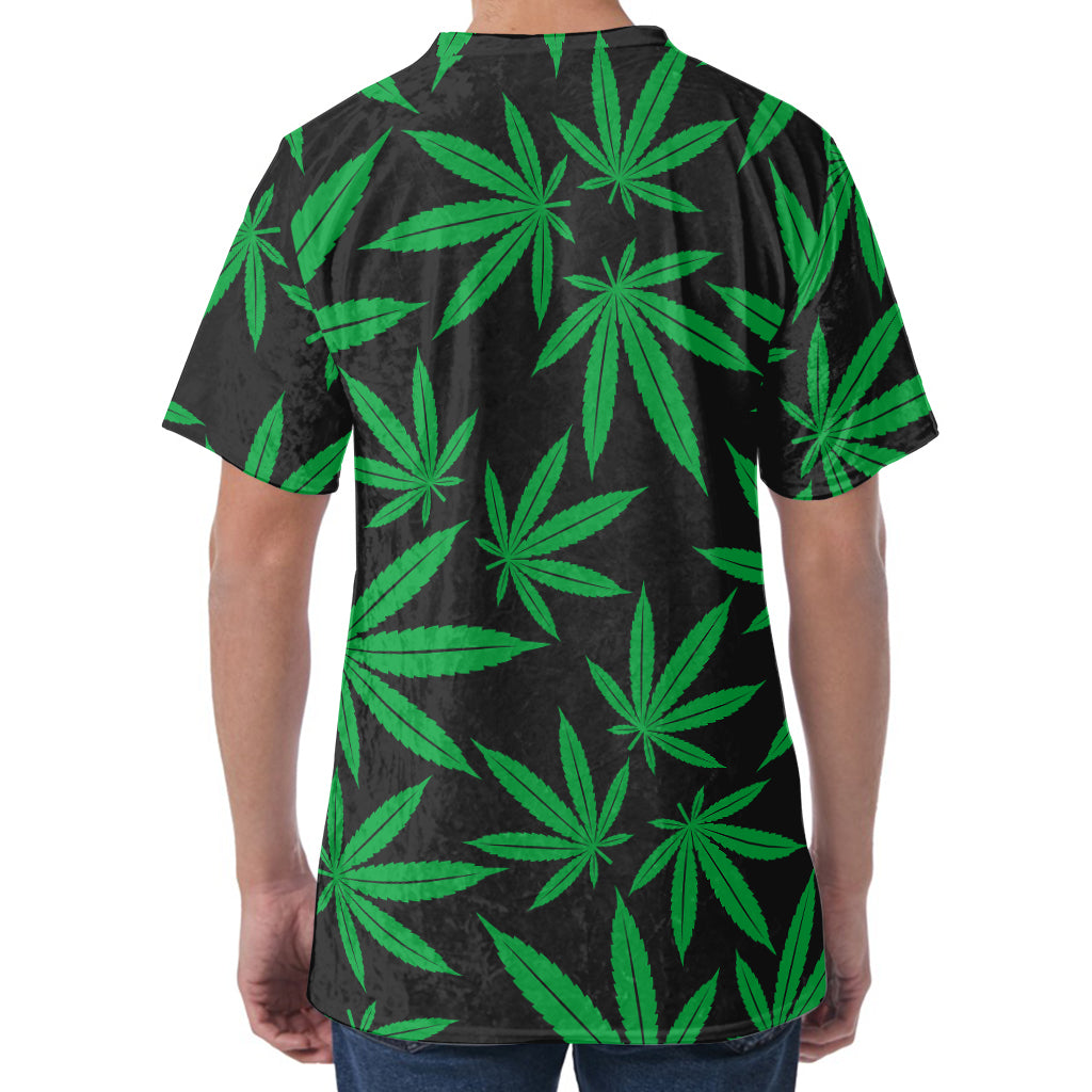 Green And Black Cannabis Leaf Print Men's Velvet T-Shirt