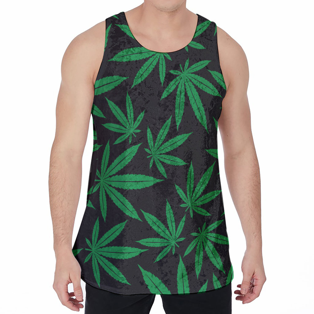Green And Black Cannabis Leaf Print Men's Velvet Tank Top