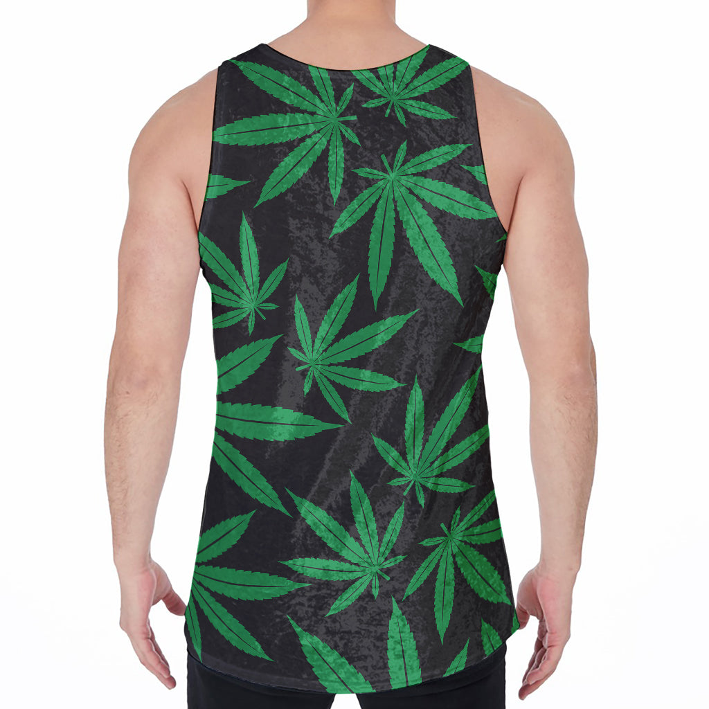 Green And Black Cannabis Leaf Print Men's Velvet Tank Top
