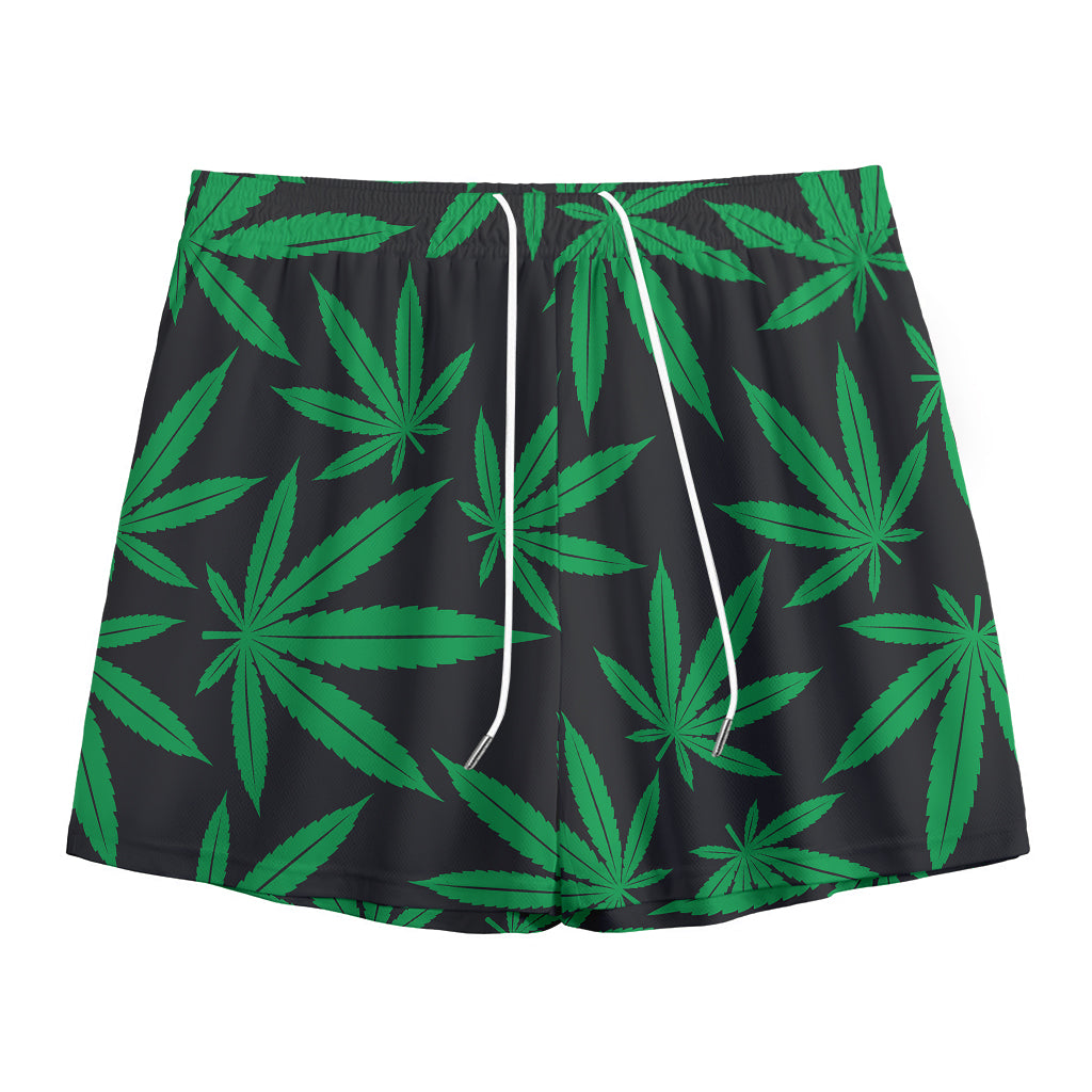Green And Black Cannabis Leaf Print Mesh Shorts