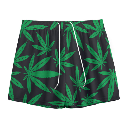 Green And Black Cannabis Leaf Print Mesh Shorts