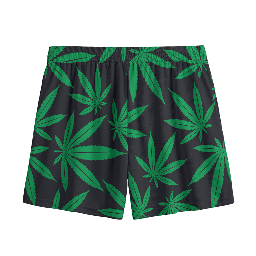 Green And Black Cannabis Leaf Print Mesh Shorts