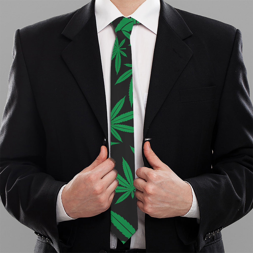 Green And Black Cannabis Leaf Print Necktie