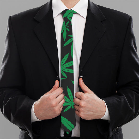 Green And Black Cannabis Leaf Print Necktie