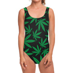 Green And Black Cannabis Leaf Print One Piece Swimsuit