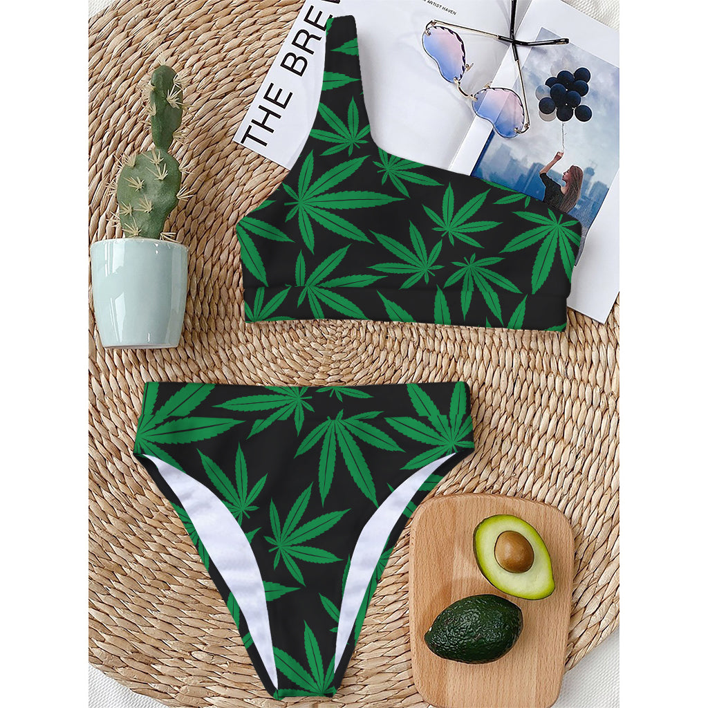 Green And Black Cannabis Leaf Print One Shoulder Bikini Top