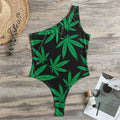 Green And Black Cannabis Leaf Print One Shoulder Bodysuit