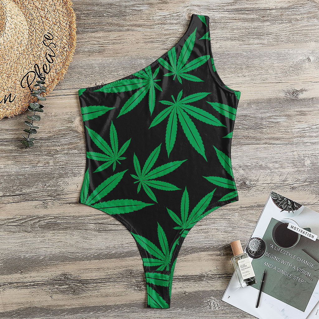 Green And Black Cannabis Leaf Print One Shoulder Bodysuit