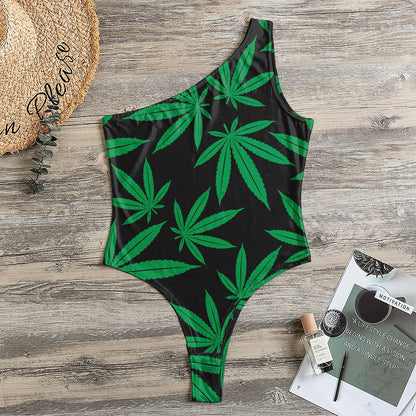 Green And Black Cannabis Leaf Print One Shoulder Bodysuit