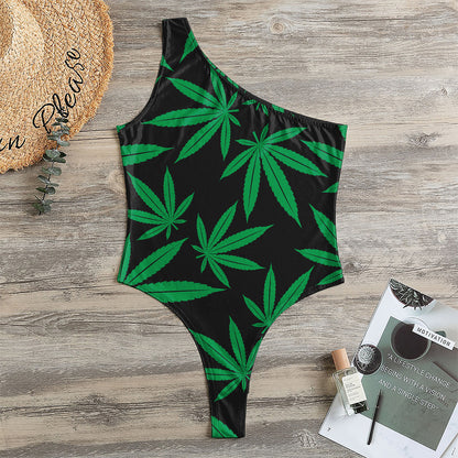 Green And Black Cannabis Leaf Print One Shoulder Bodysuit
