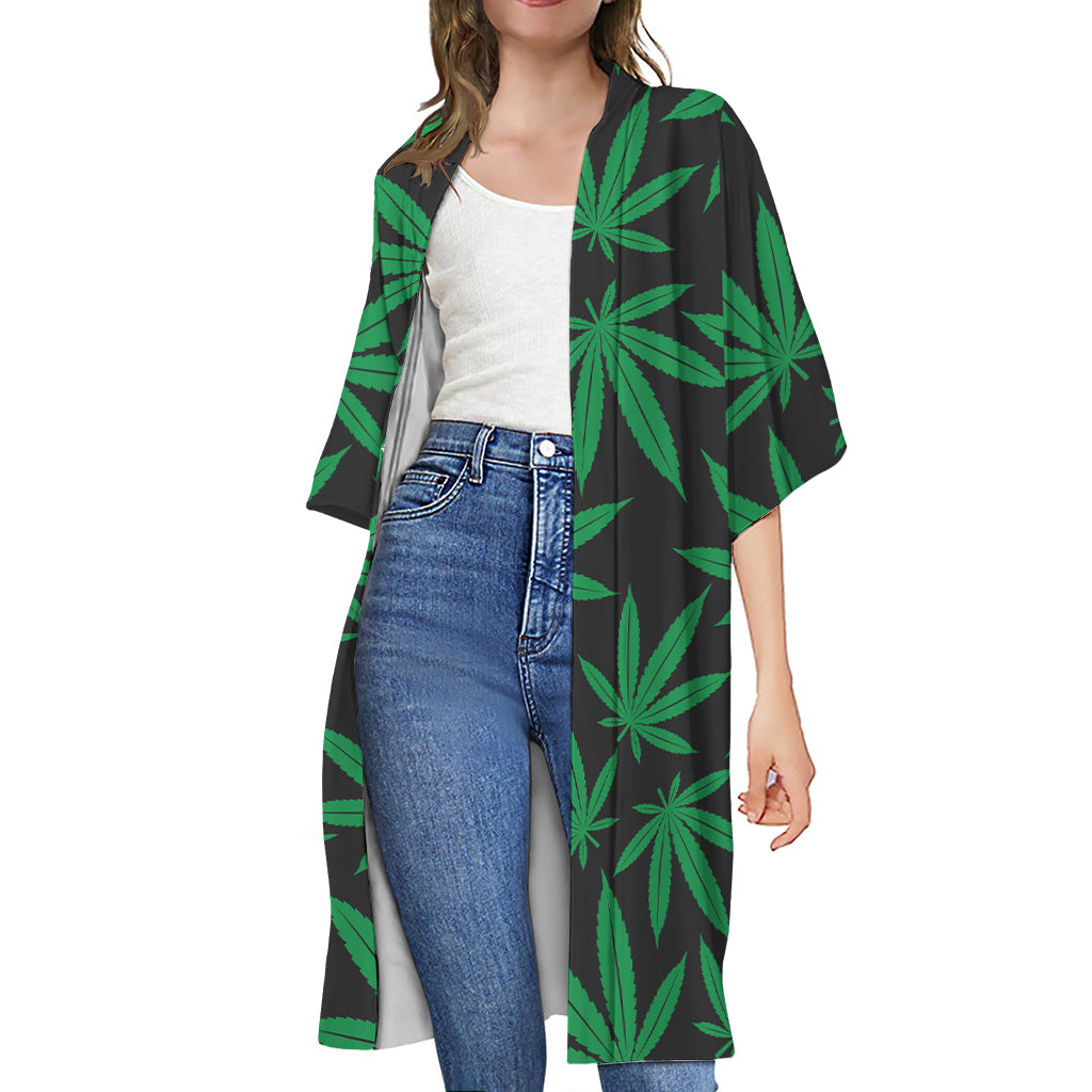 Green And Black Cannabis Leaf Print Open Front Beach Cover Up