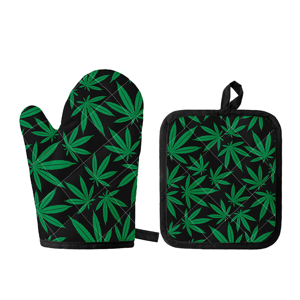 Green And Black Cannabis Leaf Print Oven Mitt And Pot Holder Set