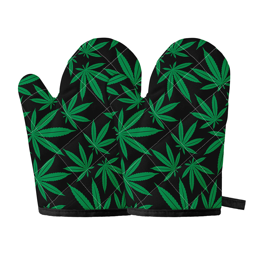 Green And Black Cannabis Leaf Print Oven Mitts