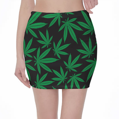 Green And Black Cannabis Leaf Print Pencil Mini Skirt