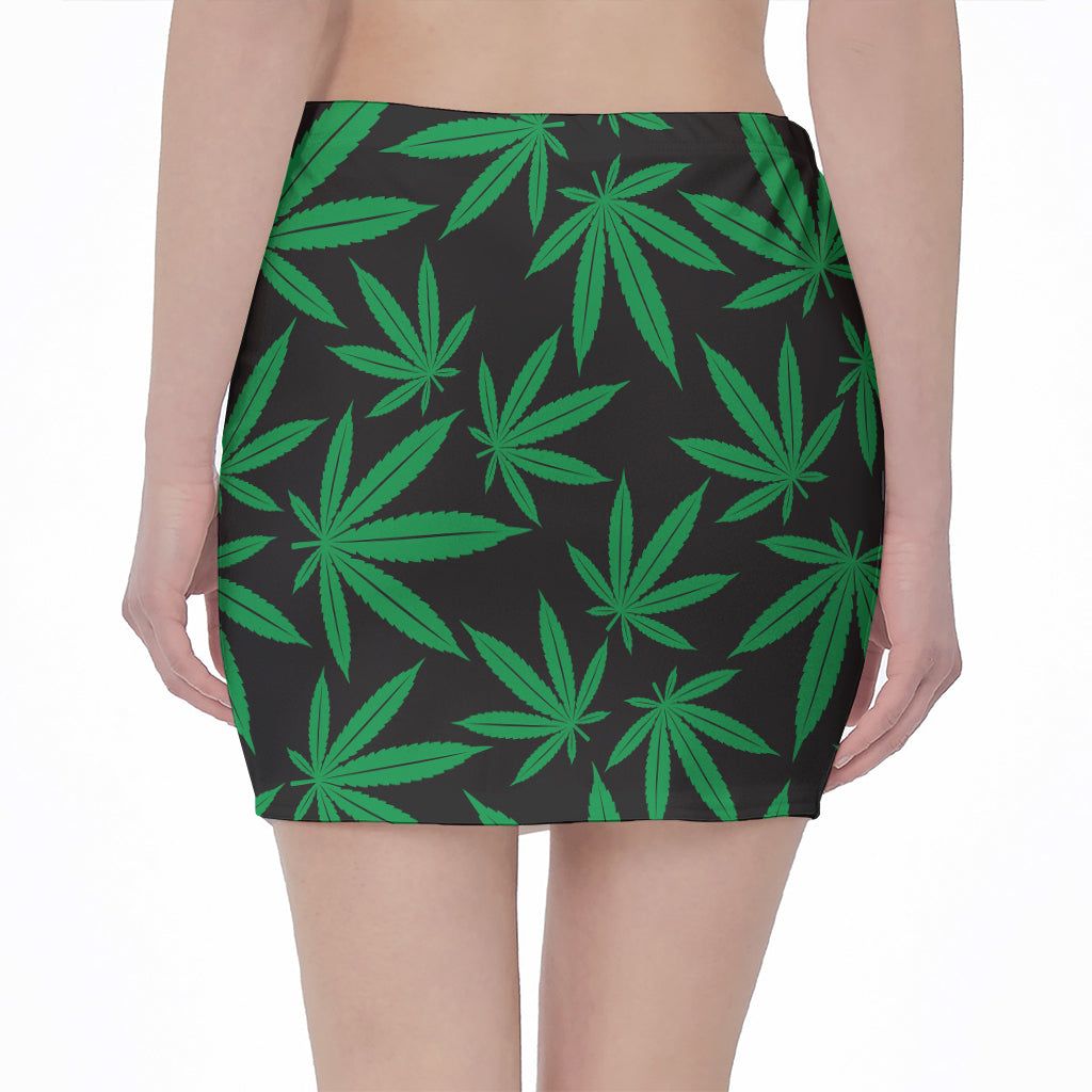 Green And Black Cannabis Leaf Print Pencil Mini Skirt