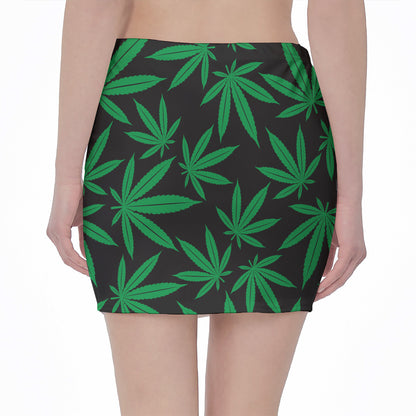 Green And Black Cannabis Leaf Print Pencil Mini Skirt