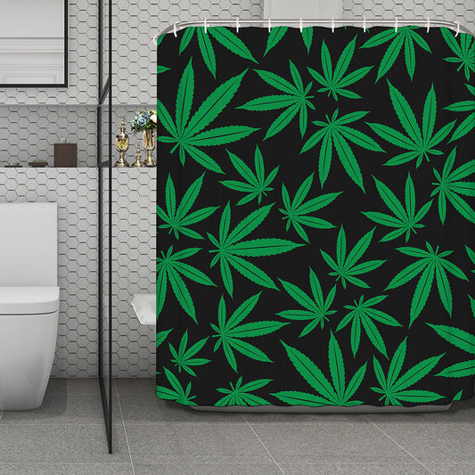 Green And Black Cannabis Leaf Print Polyester Shower Curtain