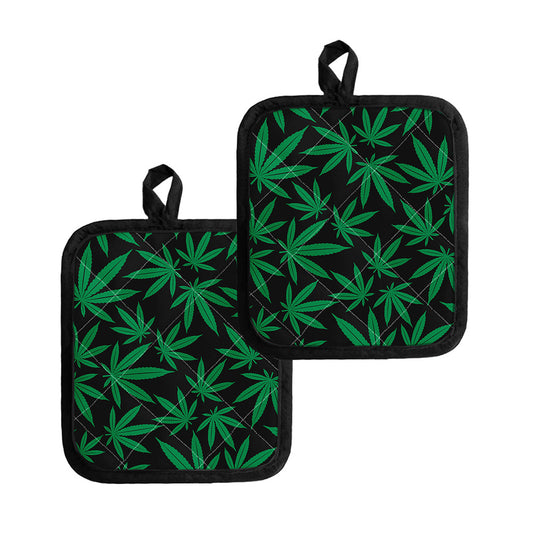 Green And Black Cannabis Leaf Print Pot Holders