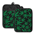Green And Black Cannabis Leaf Print Pot Holders With Pocket