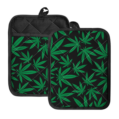 Green And Black Cannabis Leaf Print Pot Holders With Pocket