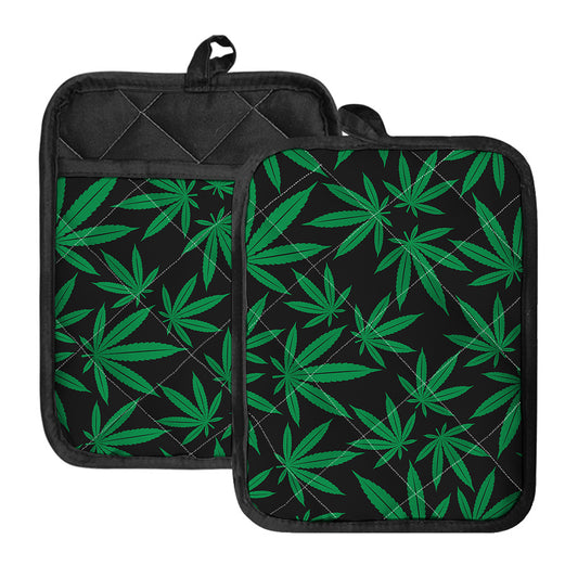 Green And Black Cannabis Leaf Print Pot Holders With Pocket